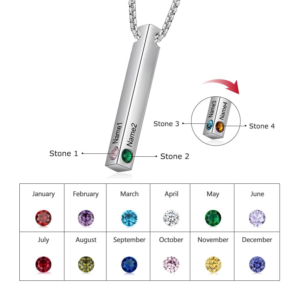 Personalized Engraved Name Bar Necklaces for Women 4 Sides Custom Birthstone Stainless Steel Vertical Bar Pendant