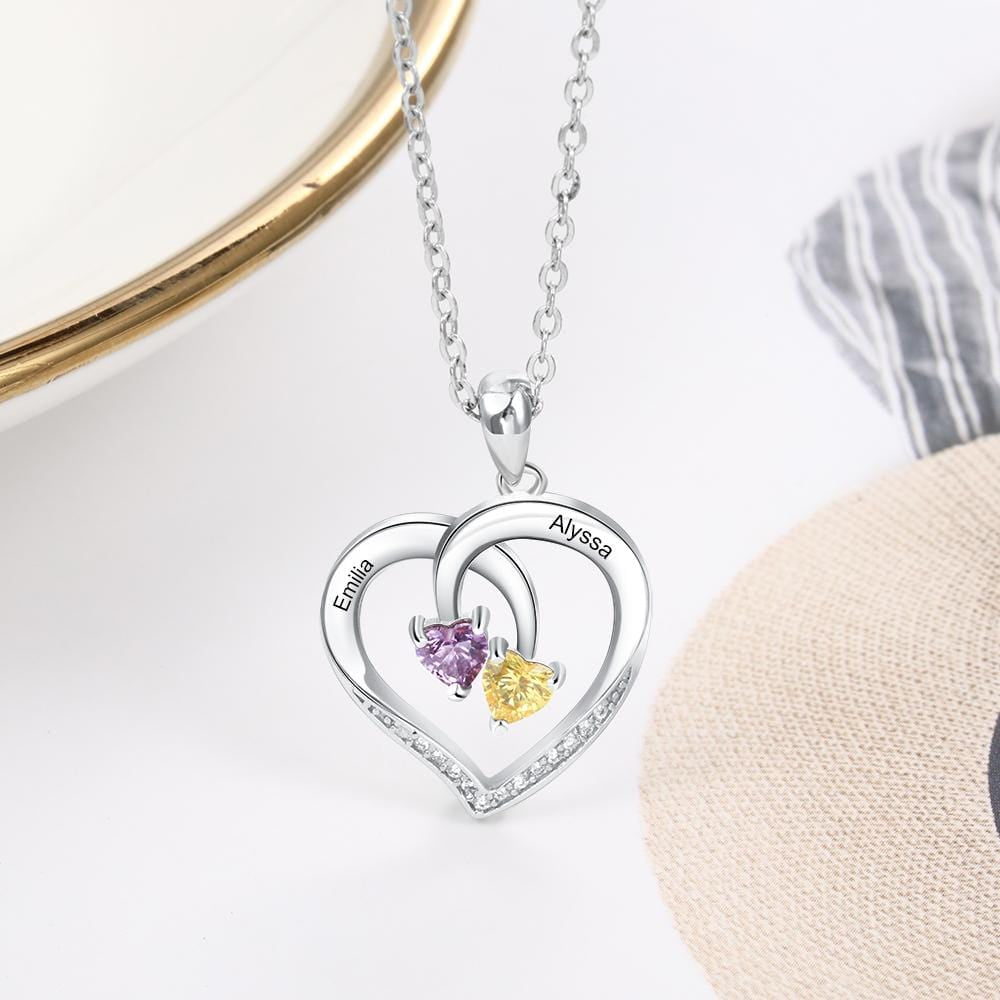 Engraved Heart Necklace with 2 Birthstones