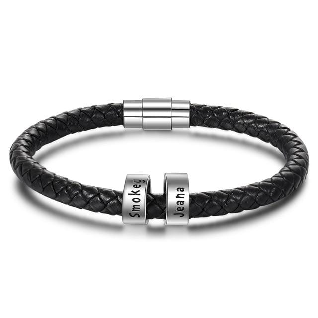 Personalized Men Leather Bracelet with 2-5 Names Beads Customized Family Names Black Rope Magentic Buckle Bracelets for Men